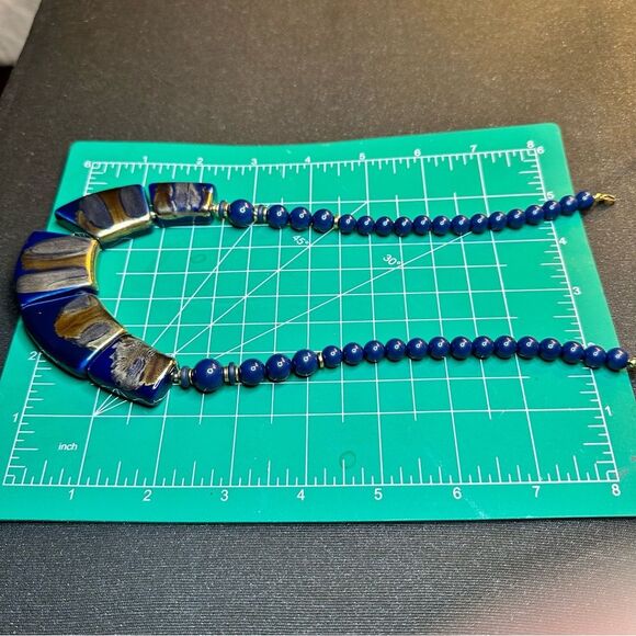 Vintage Blue Ceramic Statement Necklace Gold Glazed Art Pottery Beaded Necklace - Picture 4 of 7